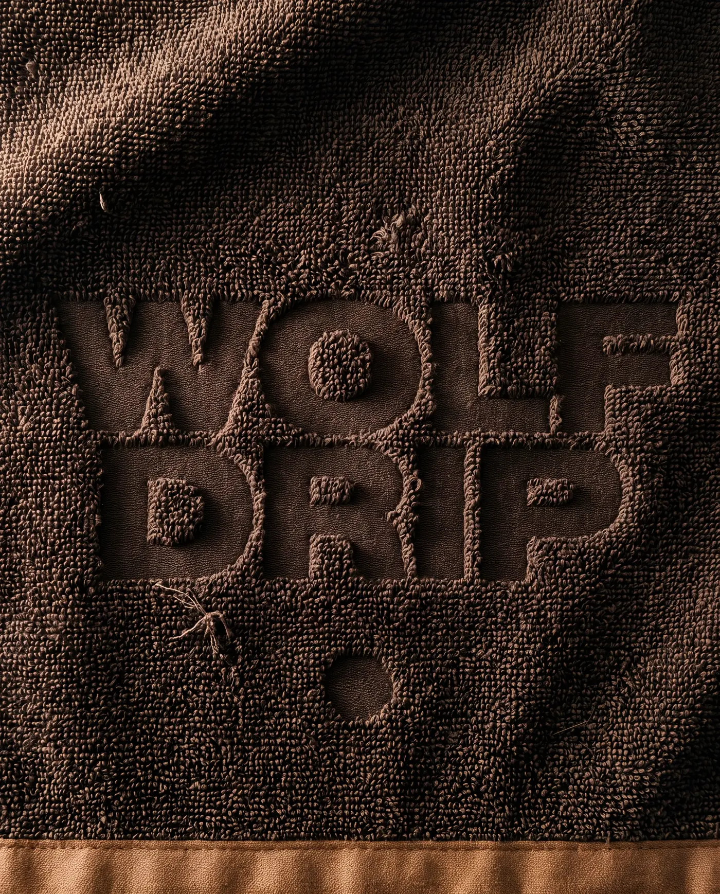 布に型押しされた WOLF DRIP のロゴ